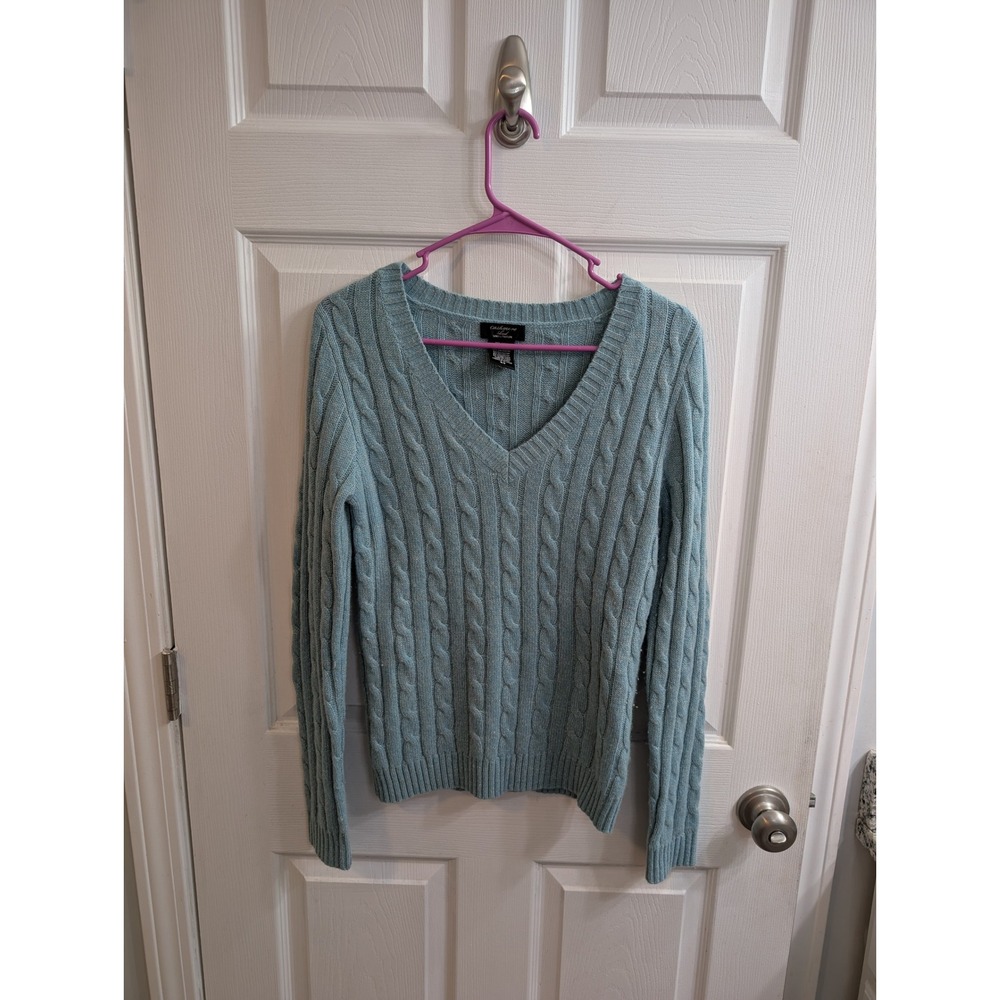 Lord & Taylor Cashmere Wool Cable Knit Sweater Blue Silver Shimmer - Size M